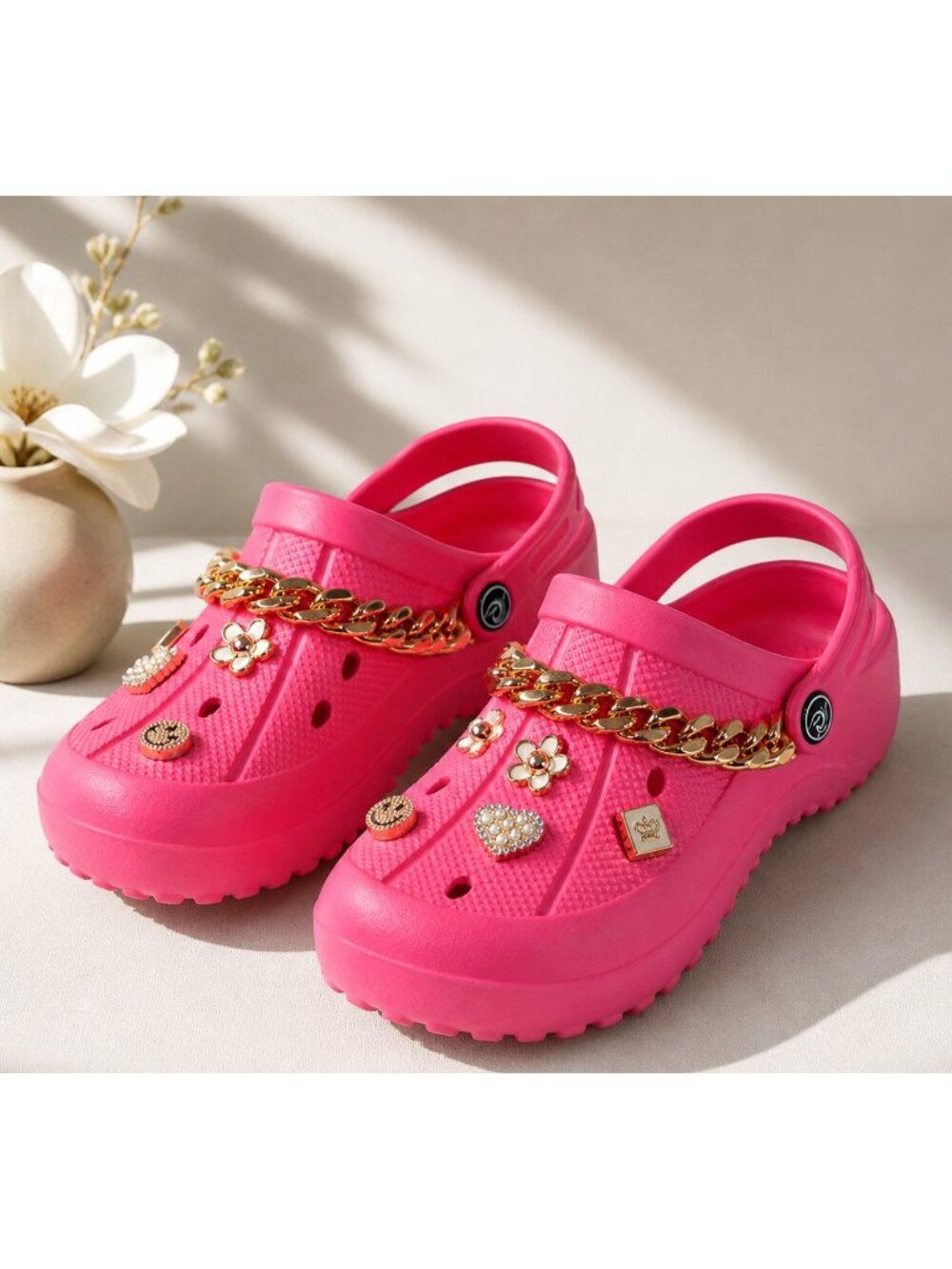Pink Clog Style Slides Charm Chain Embellished Size 7 NWT